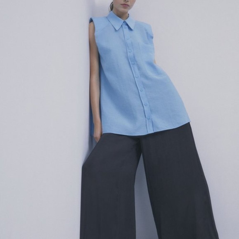Blue Zara Button Front Shoulder Pad Long Sleeveless Shirt Top (NWT)